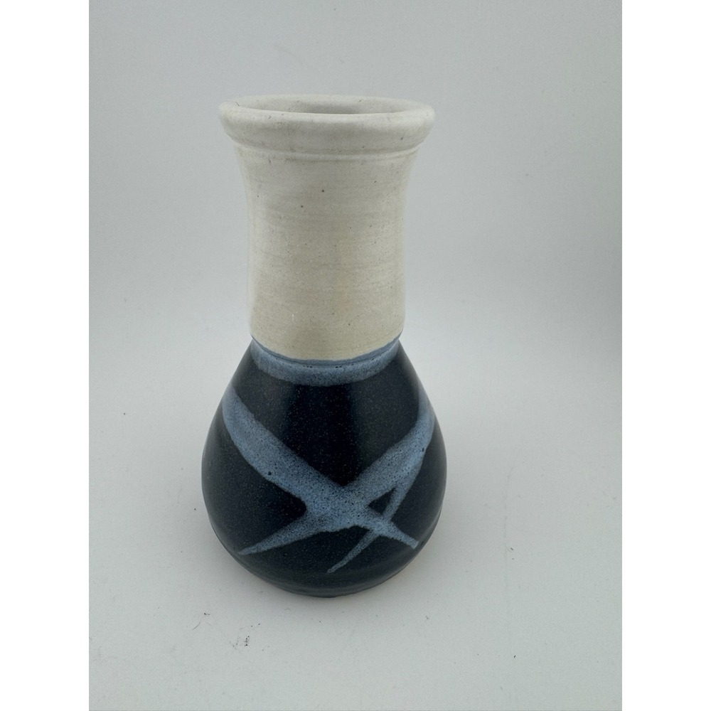 Handmade Pottery Vase‎ Navy Beige Signed Sondahl Small Bud Vase Table Decor